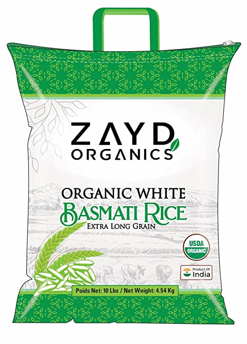 Zayd Organics White Basmati Rice, Indian Origin, USDA Organic, 10lbs