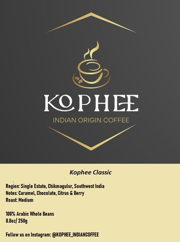 Kophee Classic Indian Origin Coffee, Whole Beans, Small Batch Roasted, Single Origin