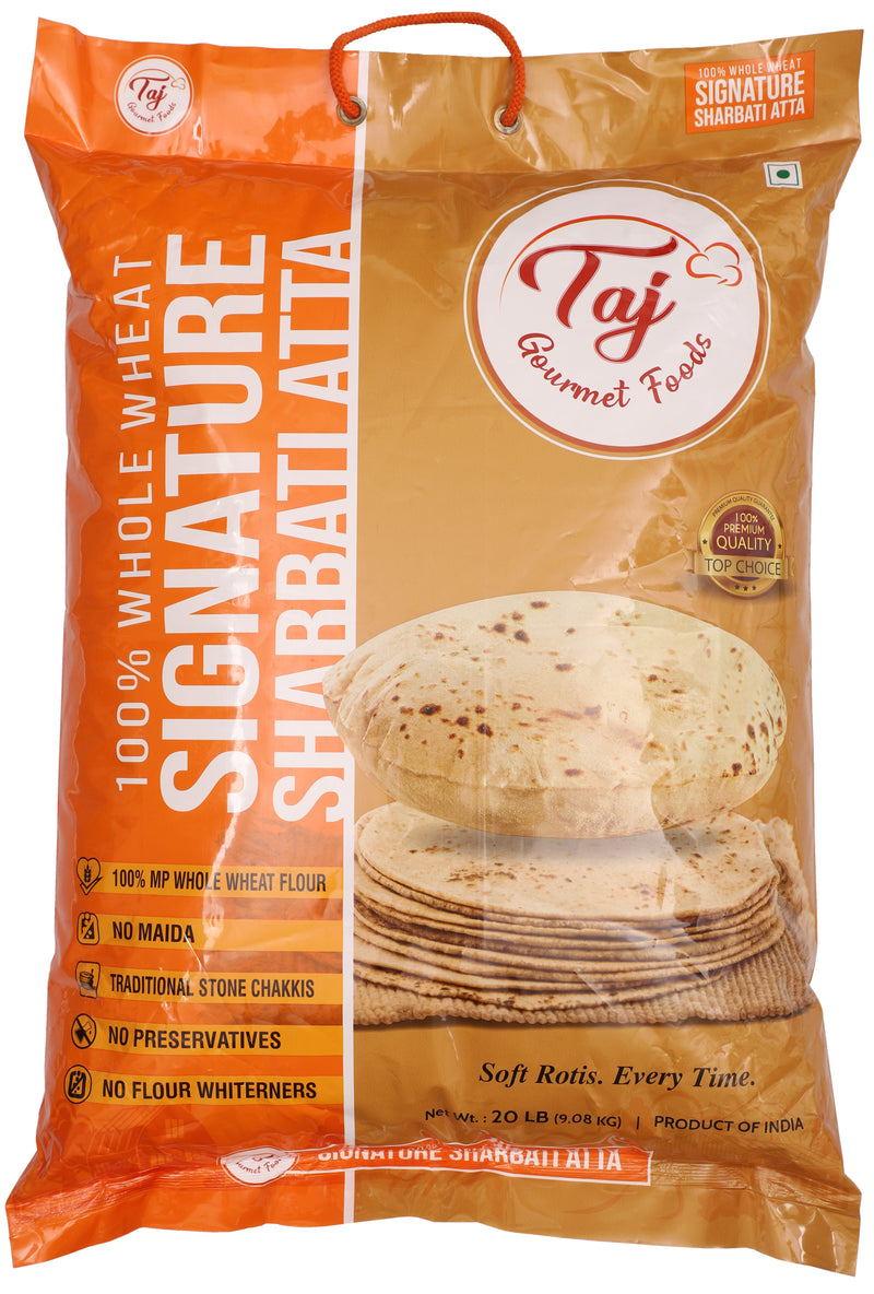 TAJ Signature Sharbati Atta, 100% Whole Wheat Flour, Chappati Flour, 20lbs